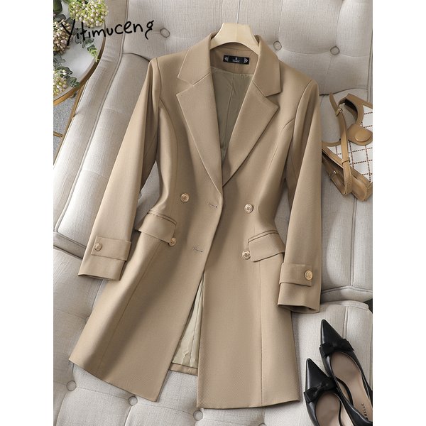 Yitimuceng Blazer Jackets For Women Autumn Winter 2023 New Korean Fashion Long Sleeve Double Breasted Casual Midi Blazer-image