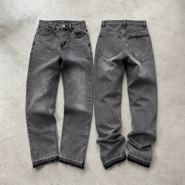 Men's Clothing Distressed Flared Jeans - Vintage Grey Cleanfit Denim With Frayed Hem, High Street Micro Bell Bottoms-image