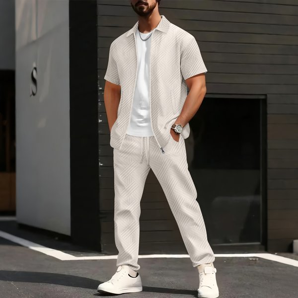 New Men's Casual And Fashionable Short-Sleeved Jacket And Shirt With Solid-Colored Drawstring Trousers Two-Piece Set Male Clothing-image