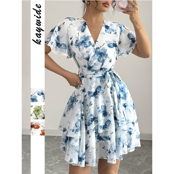 Boho Floral Print Tiered Dress V-Neck Short Sleeve Midi Dress With Ruffle Hem, High Waist & A-Line Fit S-XL, Perfect For Vacation & Summer-image