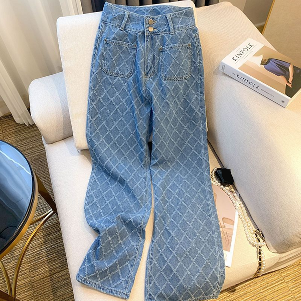 Women's Clothing Spring New Diamond Design High Waist Jeans Women's Loose Slimming Straight Wide Leg Trousers