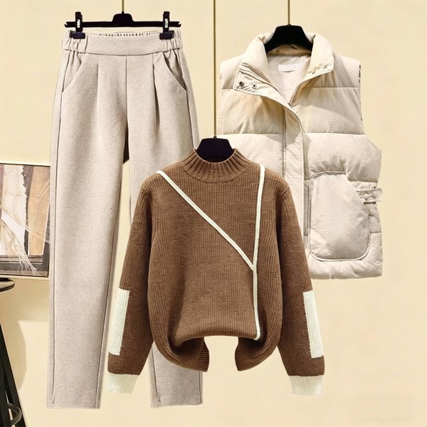 Women's Clothing Thickened Vest High Collar Knitted Sweater Carrot Pants-image