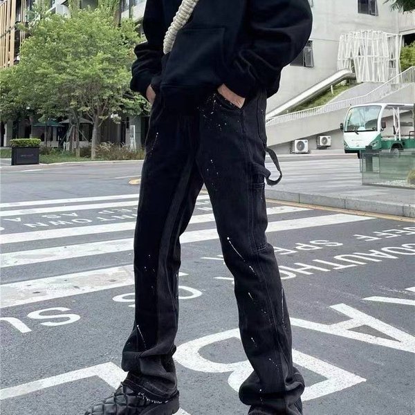 Men's Clothing High Street Ink Splashed Splicing Vibe Style Flared Jeans For Men And Women Ins Loose Floor Length Straight Trousers-image