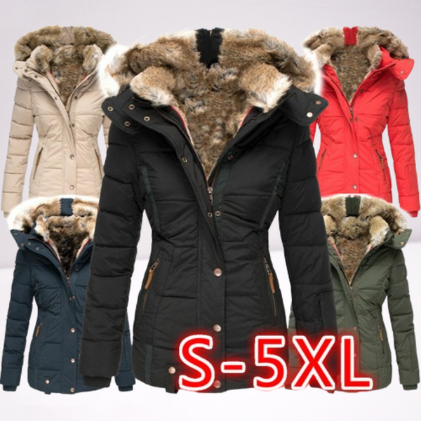 Women's Winter Fleece-Lined Hooded Coat With Faux Fur Trim, Slim Fit Zip-Up Long Sleeve Jacket For Cold Weather, Casual & Elegant Outerwear