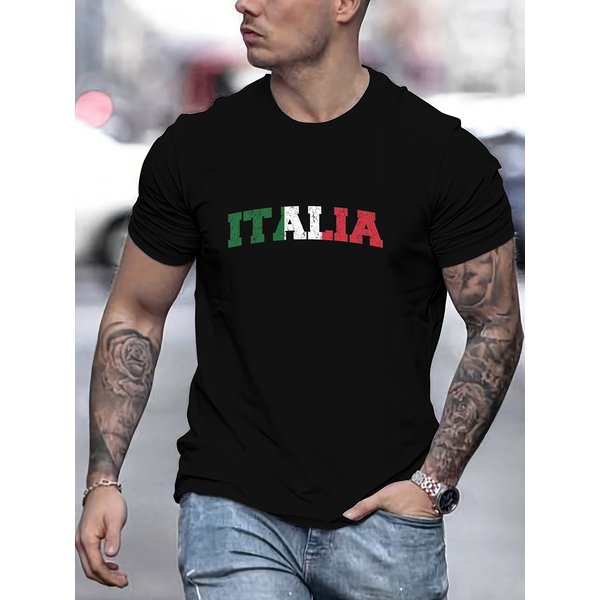Men's Spring/Summer Fashion Short Sleeved T-shirt 100% Cotton Italia Print Casual Slim Fit Versatile Top