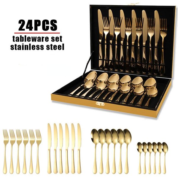 Luxury 24-Piece Gold-Toned Stainless Steel Cutlery Set – Elegant Wooden Gift Box For 6-Person Fine Dining With Steak Knives, Forks & Spoons-image