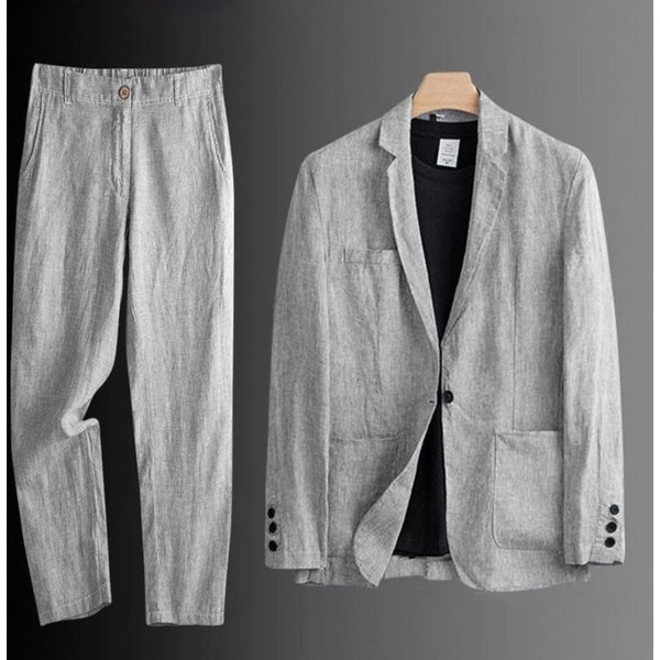 Men's Clothing Summer Linen Suit Slim Fit Thin Cotton And Linen Casual Loose Jacket Sun Proof Two Piece Suit-image