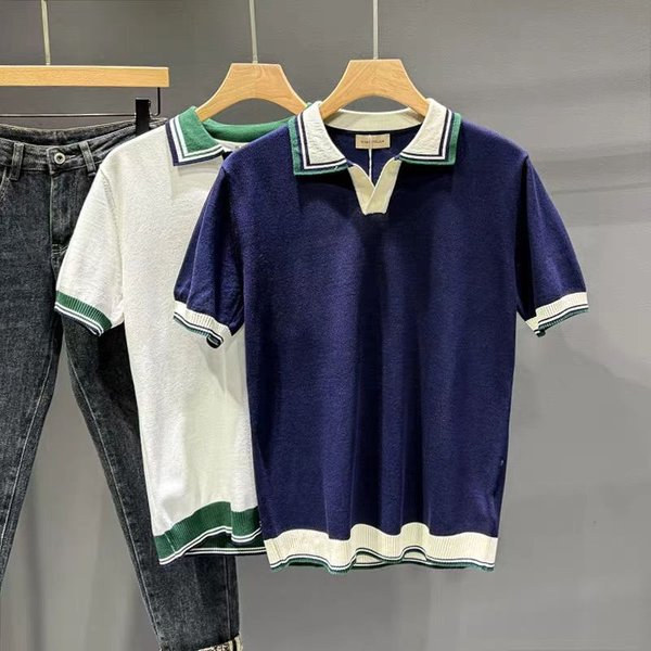 Men's Clothing Knitted V Neck Polo Shirt Color Matching Light Mature Retro Summer Short Sleeved Handsome Casual Men's T Shirt New Tops