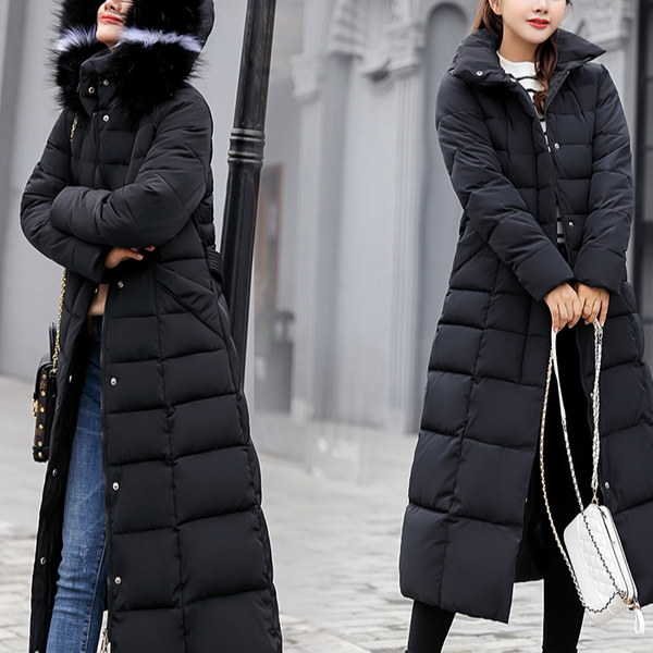 Women's cotton-padded jacket plus long over knee slim cotton-padded jacket color fur collar Warm jacket cotton-padded jacket