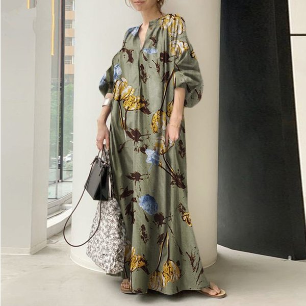 Women's Cotton And Linen Printed V-Neck Simple Loose Casual Long Plus Size Dress Long Skirt For Women-image