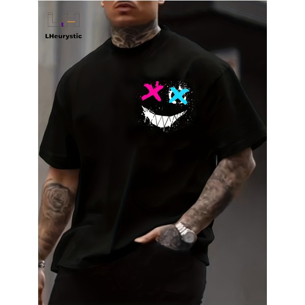 100% Pure Cotton Men's Spring And Summer Fashionable Smiling Face Pattern Printed Casual Slim Fit Versatile Short Sleeved T-shirt Top