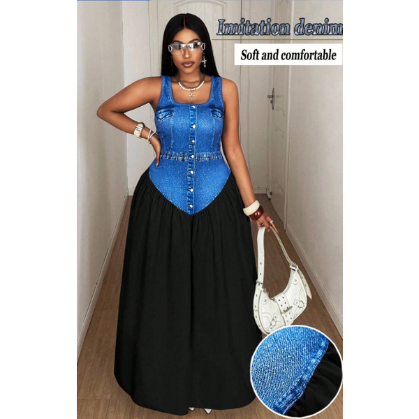 2026 Curvy Faux Denim Print Maxi Dress, Color Block Contrast U Neck Long Gown For Wedding Guest Party Night Date