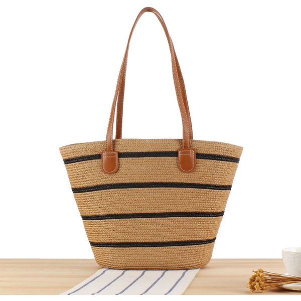 Striped large capacity Tote Bag Premium Textured hand-woven bag Resort All-in-one shoulder bag
