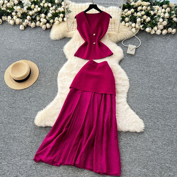 Women's Clothing Temperament Two Piece Suit Sleeveless Knitted Top High Waist Splicing Hip Skirt Suit