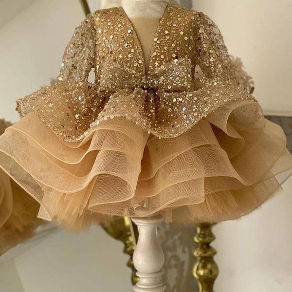 Girls Long Sleeve Dress Sequins Puffy Gauze Skirt Piano Catwalk Performance Costume Children's Fashionable Outfit-image