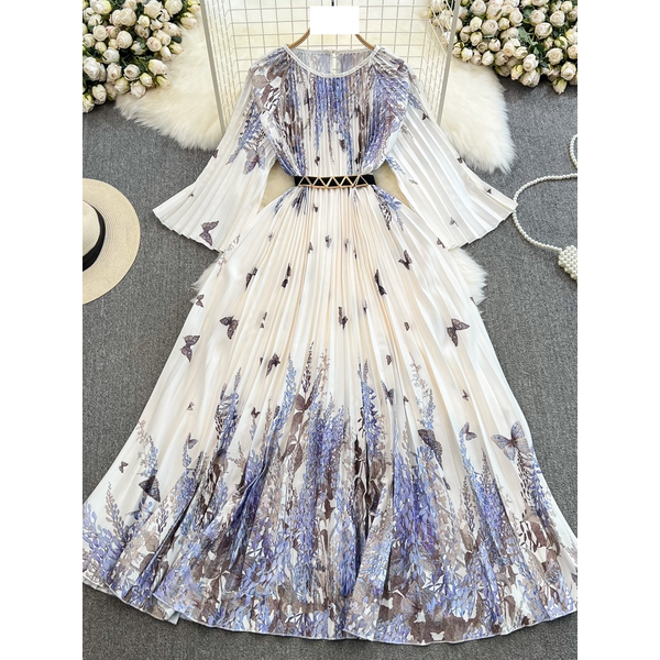 Women's Three-Quarter Sleeves Round Neck Waist Slimming A-Line Positioning Print Pleated Dress Elegant Long Skirt-image