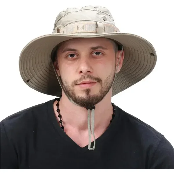 Fashion Summer Men Bucket Outdoor UV Protection Wide Brim Panama Safari Hunting Hiking Mesh Fisherman Hat Beach Sunscreen Cap