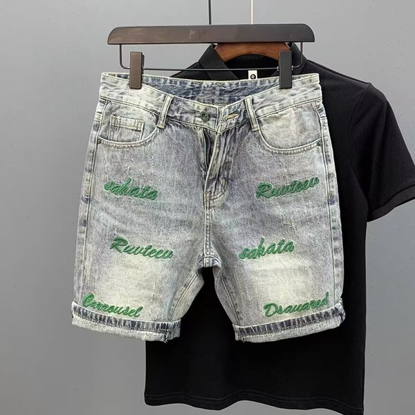 Summer Brand Denim Men's Trendy Internet Celebrity Versatile Casual Shorts, Social Spirit, Young Man Hole Torn Five-image