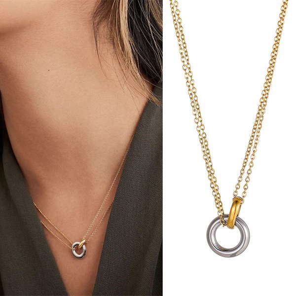 Women's Jewelry Stainless Steel Double Color Vacuum Plating Necklace Geometric Circle Double Ring Pendant Fashion Necklace