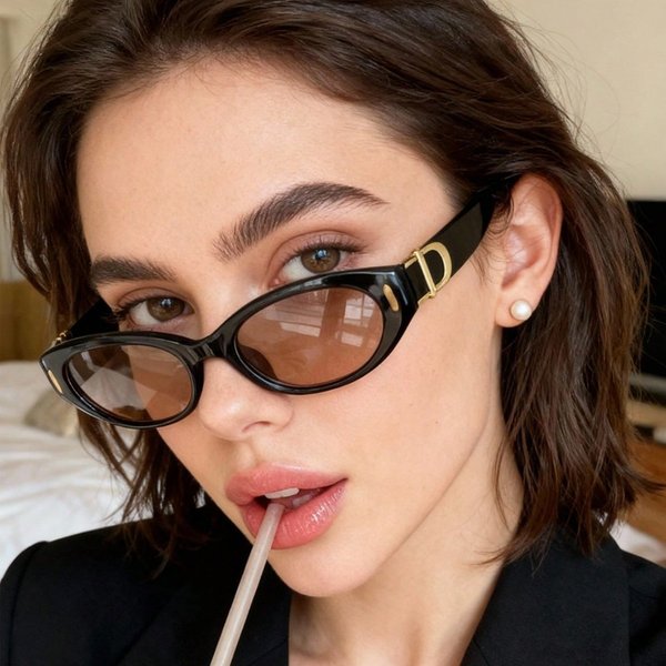 French Retro Style Cat Eye Sunglasses For Women With Metal Letter Decoration And Studded Design Narrow Frame Fashionable Sun Glasses-image