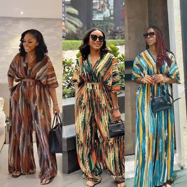 Women's Clothing V-Neck Short-Sleeved Wide-Leg Pants Suit Irregular Striped Printing-image