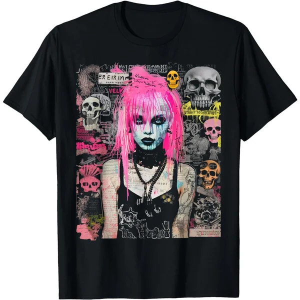 Women's T-Shirts Pink Hair Punk Goth Witch With Skull Collage Background T-Shirt
