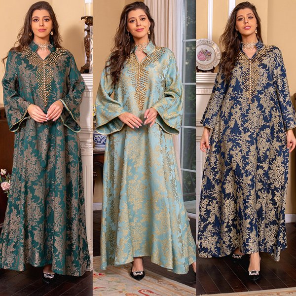 Women's Clothing Muslim Evening Gown Jacquard Embroidery Dress Beading Fashion Kaftan Arabian Dubai Robe-image