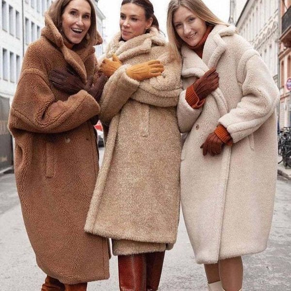 Women's Oversized Faux Fur Teddy Coat Long Trench Coat Winter Warm Thick Fleece Lined Jacket With Pockets (Multiple Colors & Sizes)
