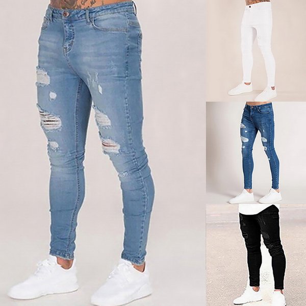 2023 Pencil Pant Elatic Sweatpant Men Fit Solid Ripped Denim Harem Pant Caual Black Blue White Detroyed Jean