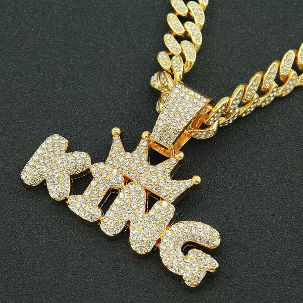 Hip Hop Letter KING Full Diamond Pendant Cuban Chain Necklace For Men And Women