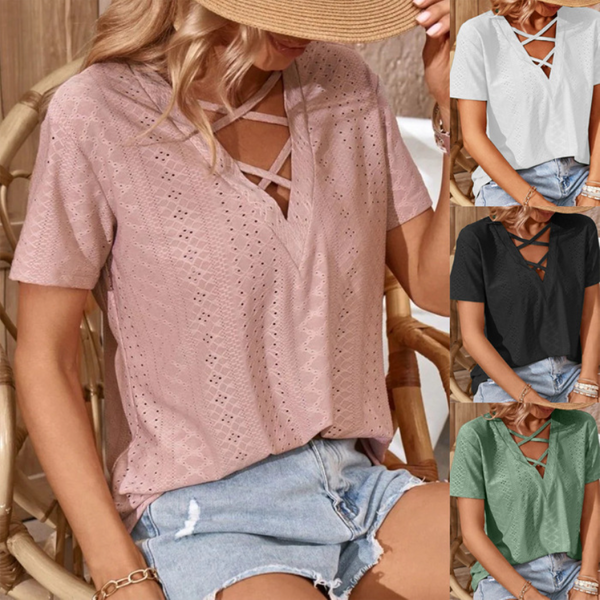 Breathable Jacquard Loose Fit V-Neck T-Shirt For Women & Men - Summer Casual Short Sleeve Top With Cutout Design (White, Black, Pink, Green, S-XXL)