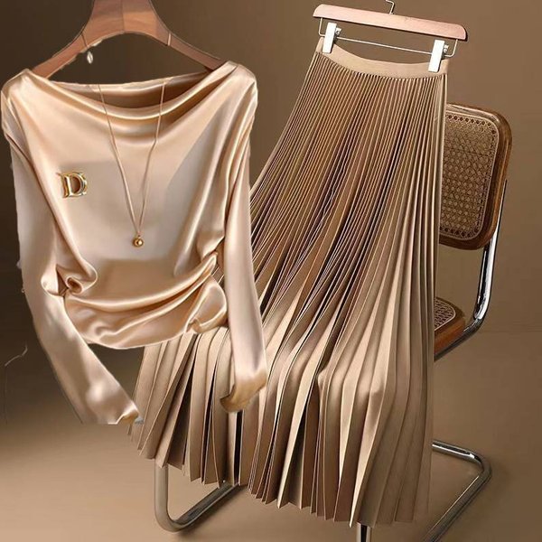 Women's Clothing Popular Champagne Colored Long Sleeved Satin Shirt For Women In Early Autumn 2024, French Style Niche Collar Skirt Suits