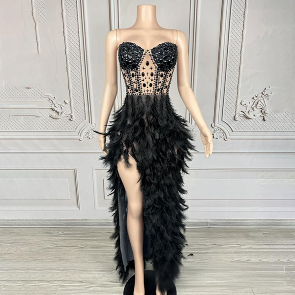 Women's Clothing Black Swan Temperament Full Diamond Feather Dress Model Catwalk Fashion Birthday Dress-image