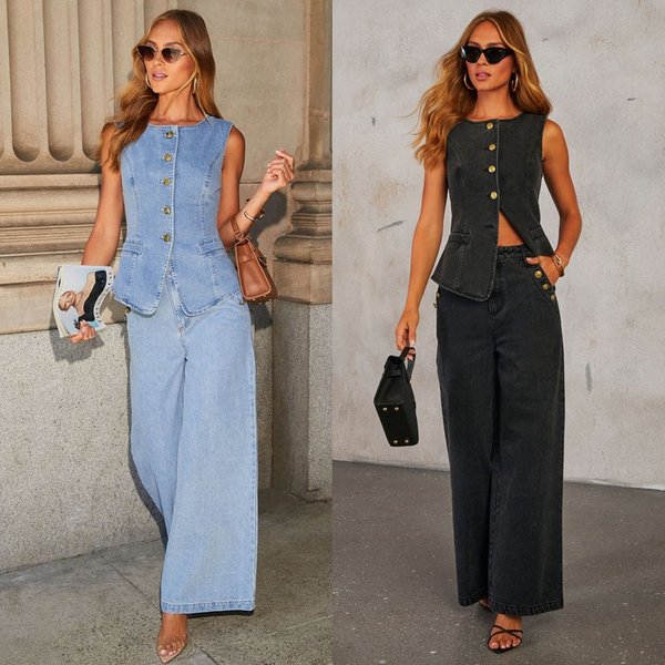 Women's Clothing Fashion Temperament New Button Sleeveless Vest Wide Leg Jeans Denim Suit-image