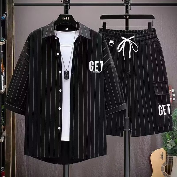 Men's Striped Shirt Men's Five-Point Short-Sleeved Handsome Jacket Men's Clothing Set With Handsome Shorts Casual Suit-image