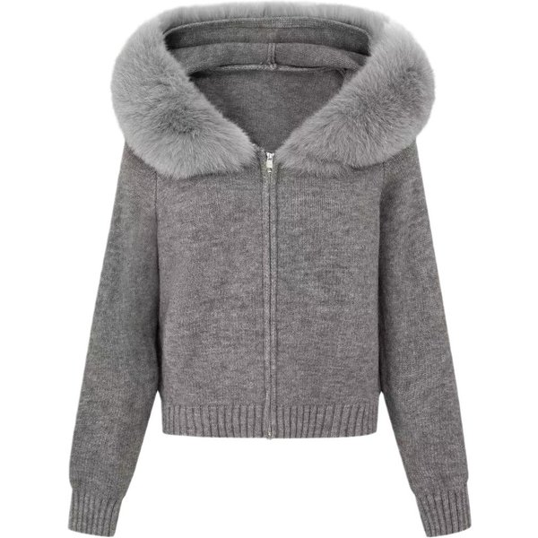 Women's Clothing style all match large fur collar hooded zipper lazy style sweater cardigan jacket autumn and winter high end knitted sweater top