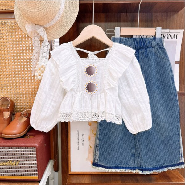 Mother & Kids 2024 Spring And Autumn New Girls Cute Puff Sleeve Top Plus Straight Jeans Two-Piece Set-image