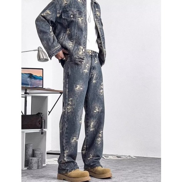 Men's Clothing Spring And Autumn New Jacquard Denim Jacket Suit Men's Handsome Retro High End Loose Casual Trousers