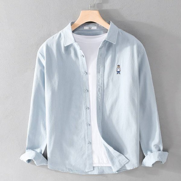 Men's Clothing Spring And Autumn Casual Cotton Long-Sleeved Shirt Versatile Bear Embroidery Trendy Loose Shirt-image