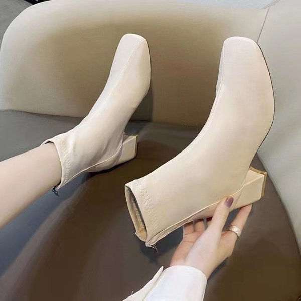 Martin For Women 2024 New Style Winter Square Toe Back Zipper Short Women's Chunky Mid Heel Boots