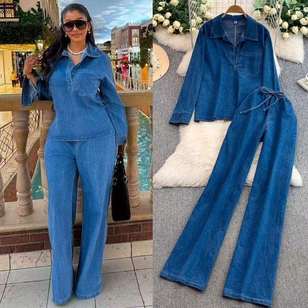 Relaxed Denim Top & Wide-Leg Pants Set | V-Neck Long Sleeve & Drawstring Waist | Comfortable Stretchy Fabric-image