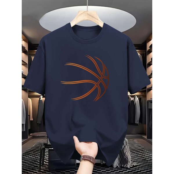100% Pure Cotton Men's Spring And Autumn Fashion Short Sleeved Basketball Pattern Printed Casual Slim Fit Versatile Top
