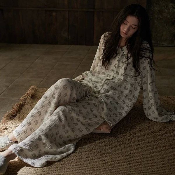 Women's Spring And Autumn Women's Pajama Set Of Woven Pure Cotton Pajamas 100% Cotton Long-sleeved Set With Cartoonish And Cute Design For Home Wear