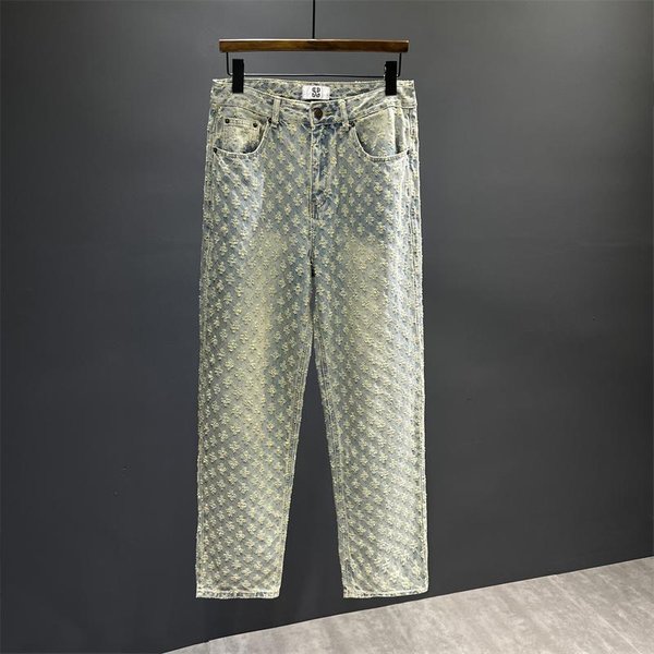 Men's Clothing Pants High Street Ins Trendy Brand Jacquard Full Print Design Jeans Men's Loose Wide Leg Pants Trend-image