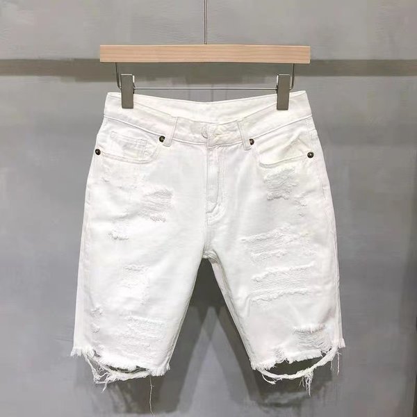 Men's Clothing Ripped denim shorts men's summer thin loose straight cat whisker white five-point pants trendy brand mid-length pants
