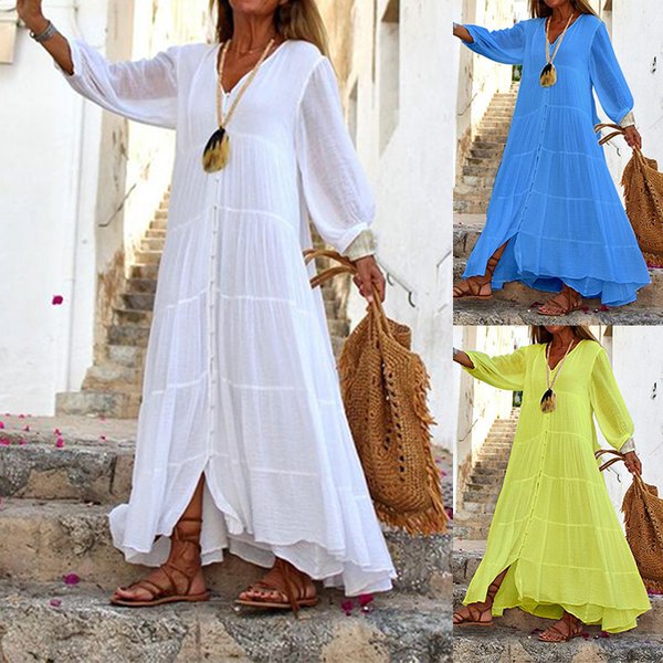 Women's Clothing Solid V-Neck Long Sleeve Bohemian Cotton Hemp Dress
