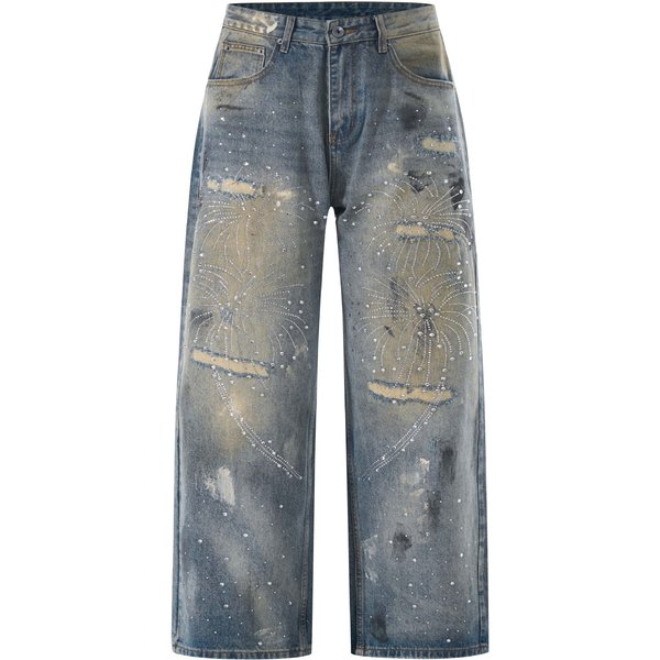 Streetwear Rhinestone Jeans For Men & Women – Vintage Washed Distressed Denim Pants With Embellished Crystal Studs (Loose Straight-Leg, Unisex)