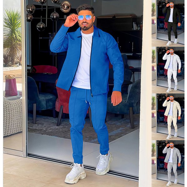 2024 Men's Fashion Casual Solid Color Zipper Lapel Long Sleeved Jacket+Pants Printed-image