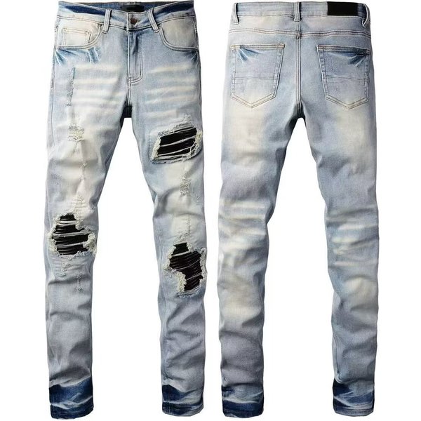 Men's Distressed Patchwork Jeans - High Street Style With Graffiti Lettering & Stretch Comfort-image