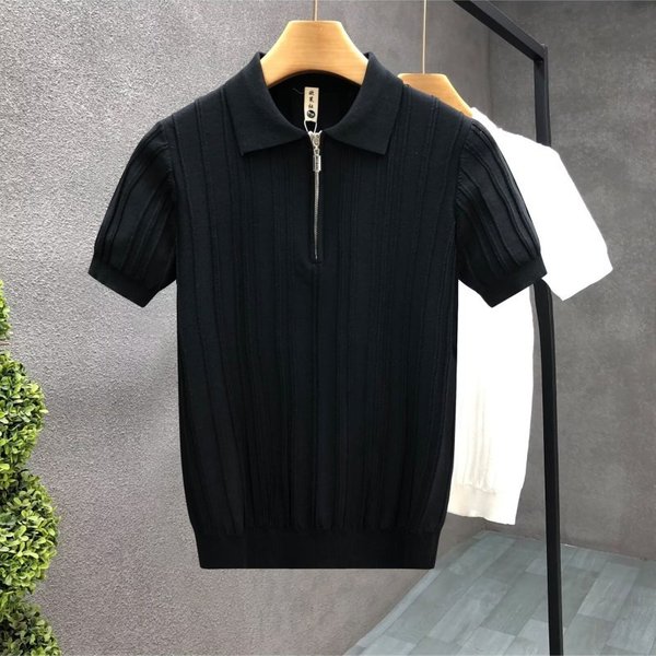 Men's Clothing Half Zip Polo Shirt Knitted Lapel Short Sleeved T Shirt Ice Silk Summer Breathable Tops